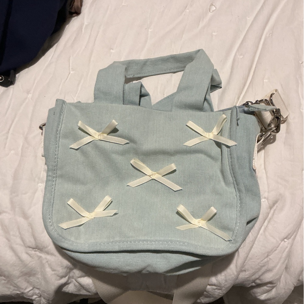 Art Class Light Blue Crossbody Bag with Cream Ribbon Details